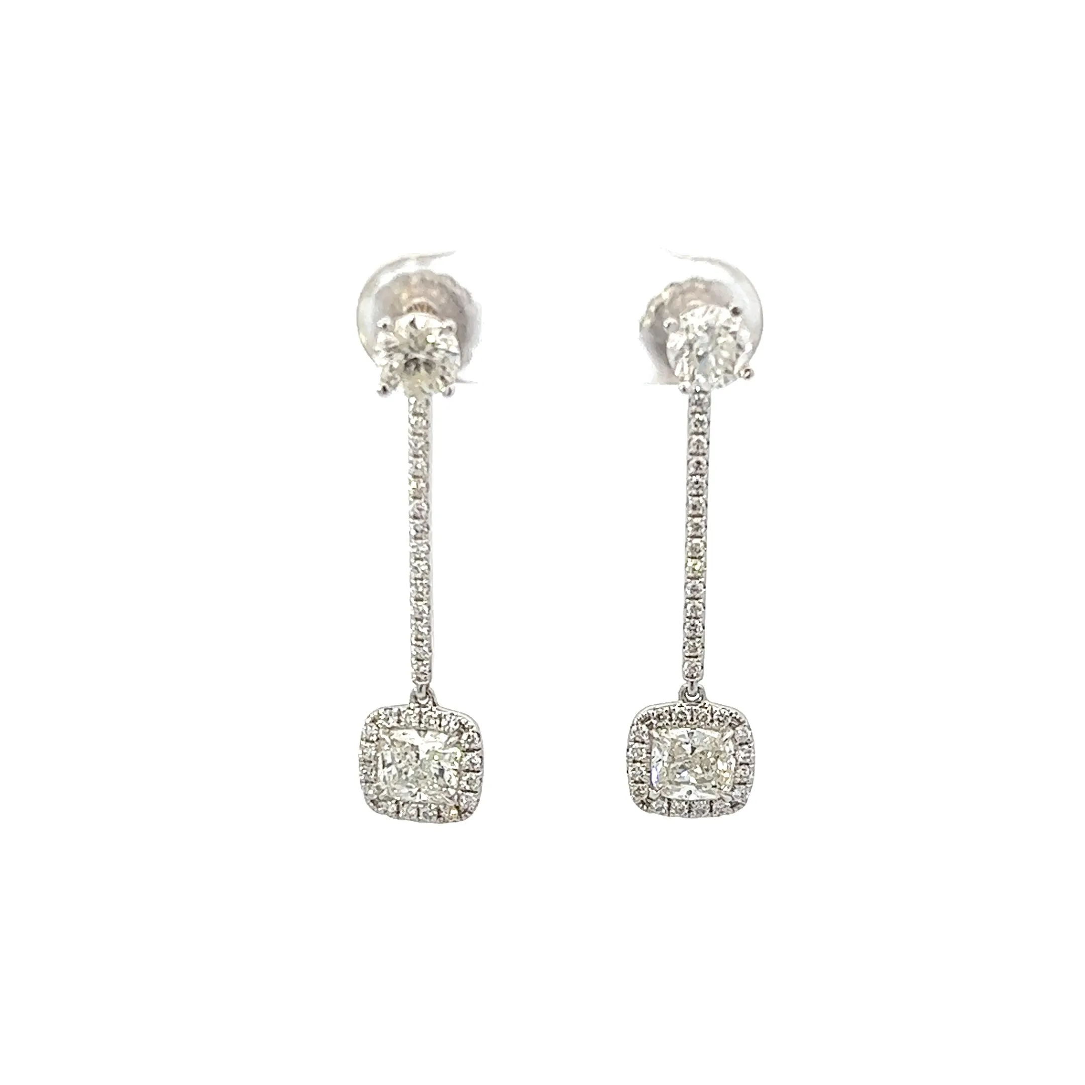 14K White Gold Cushion Cut Halo Diamond Drop Earrings (2.87ctw)