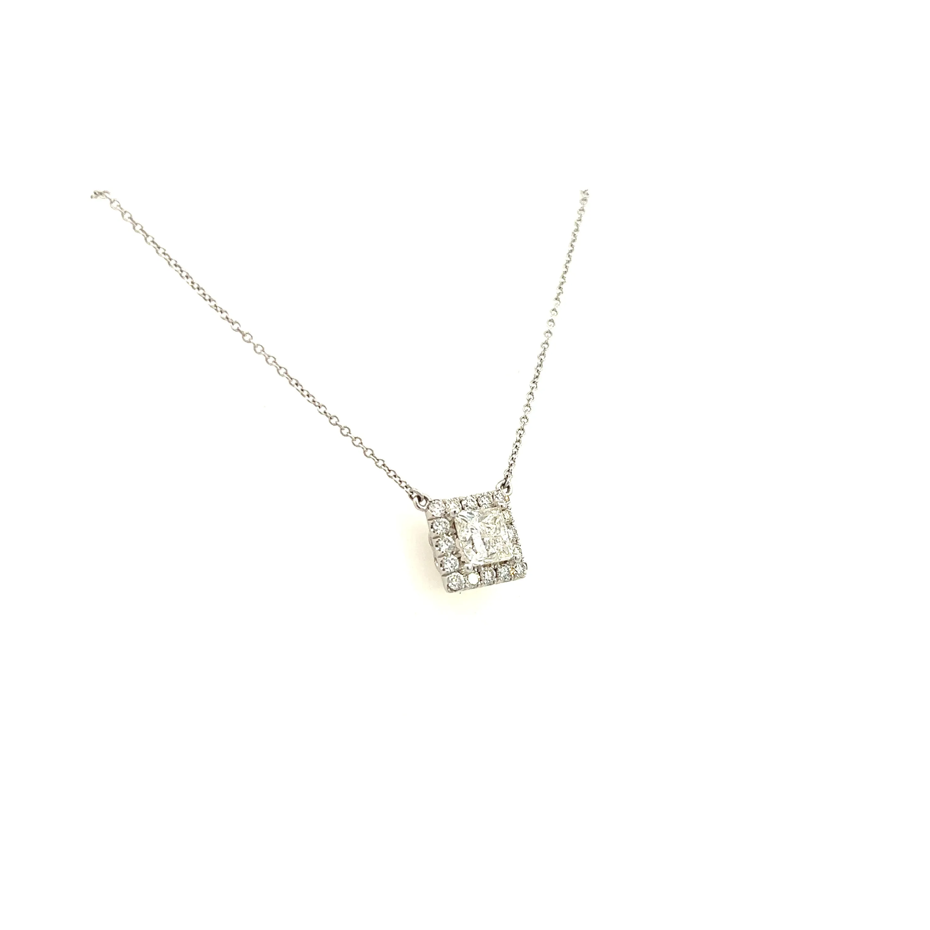 14K White Gold Princess Cut Diamond Halo Necklace (1.46ctw)