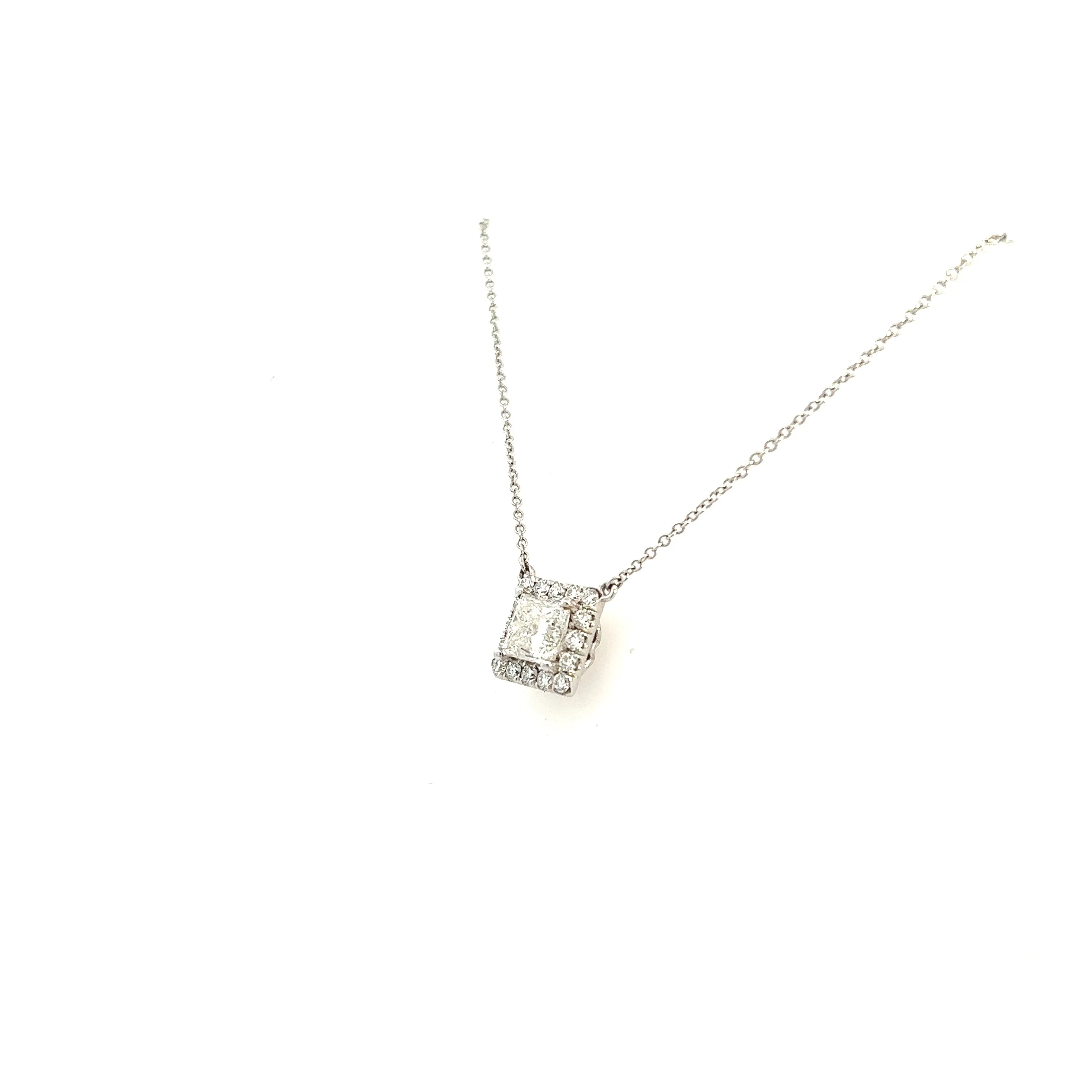 14K White Gold Princess Cut Diamond Halo Necklace (1.46ctw)