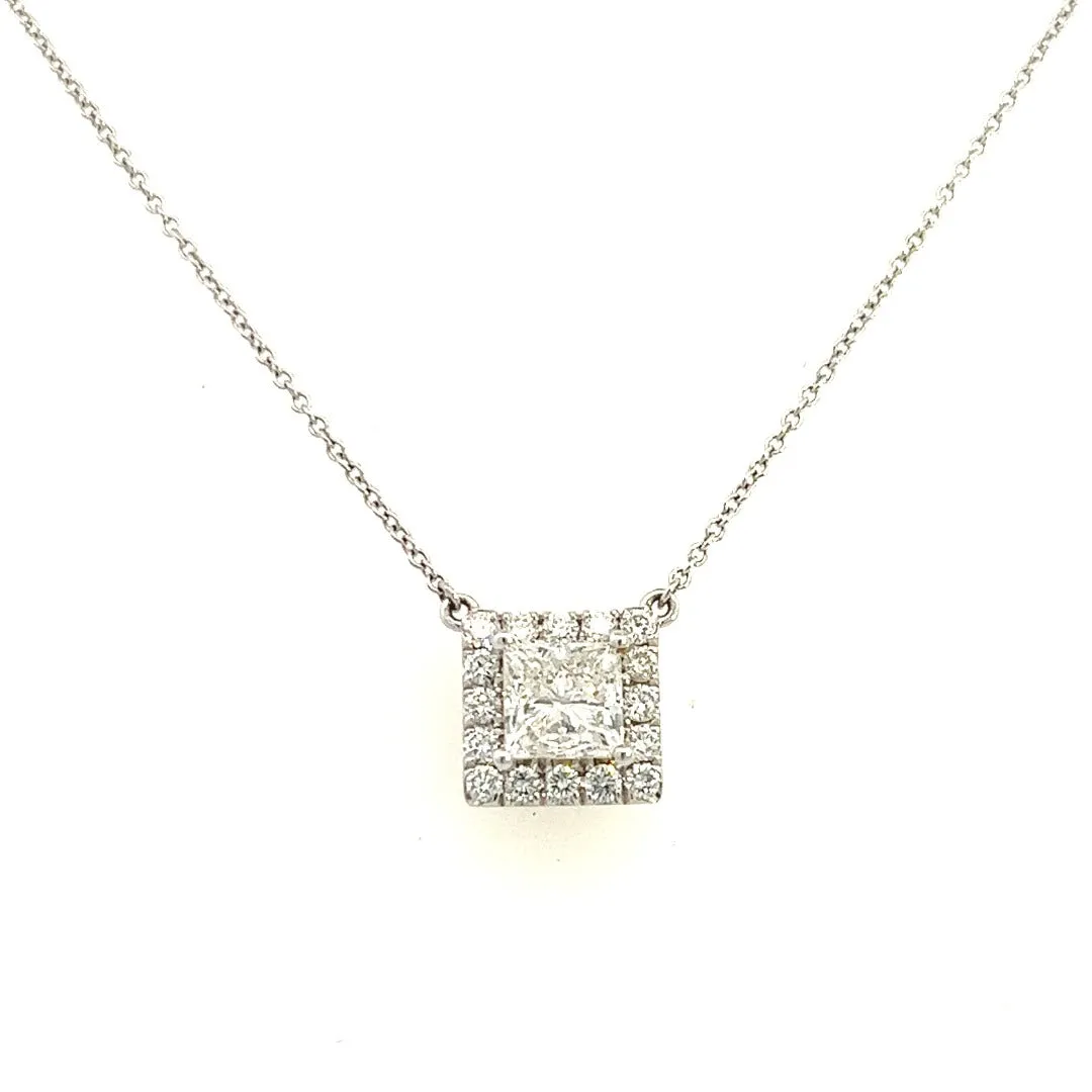 14K White Gold Princess Cut Diamond Halo Necklace (1.46ctw)