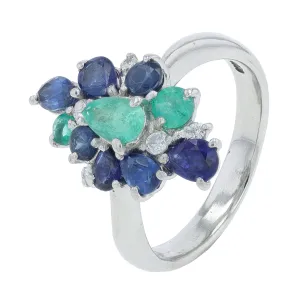 18K WG 1.60 CTW Sapphire & .49 CTW Emerald Cluster Ring