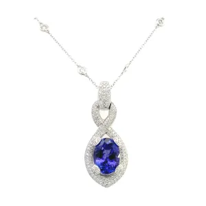 18K White Gold Oval Tanzanite And Pave Diamond Necklace (6.17ctw)