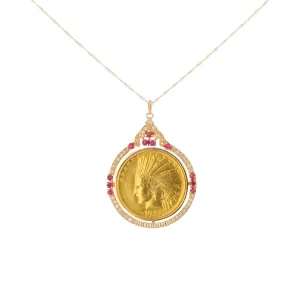 18K YG Ruby 1932 Indian Head Coin Pendant