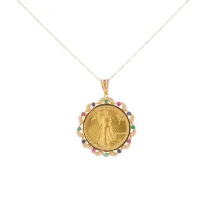 18K/22K Multicolor Gemstone Liberty Coin Pendant