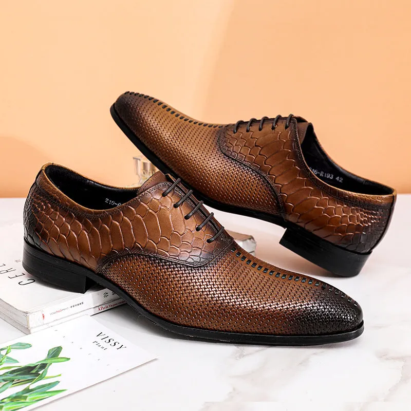 2025 Business leather shoes men's carved pointed Oxford British lace-up wedding dress retro leather shoes embossed snake leather shoes