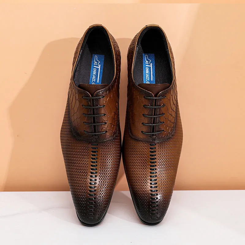 2025 Business leather shoes men's carved pointed Oxford British lace-up wedding dress retro leather shoes embossed snake leather shoes