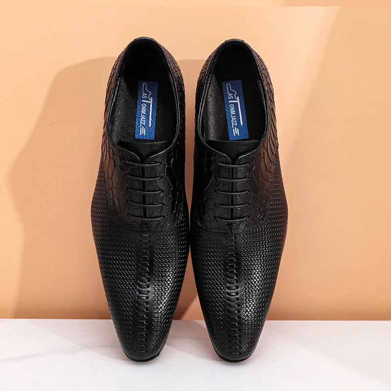 2025 Business leather shoes men's carved pointed Oxford British lace-up wedding dress retro leather shoes embossed snake leather shoes