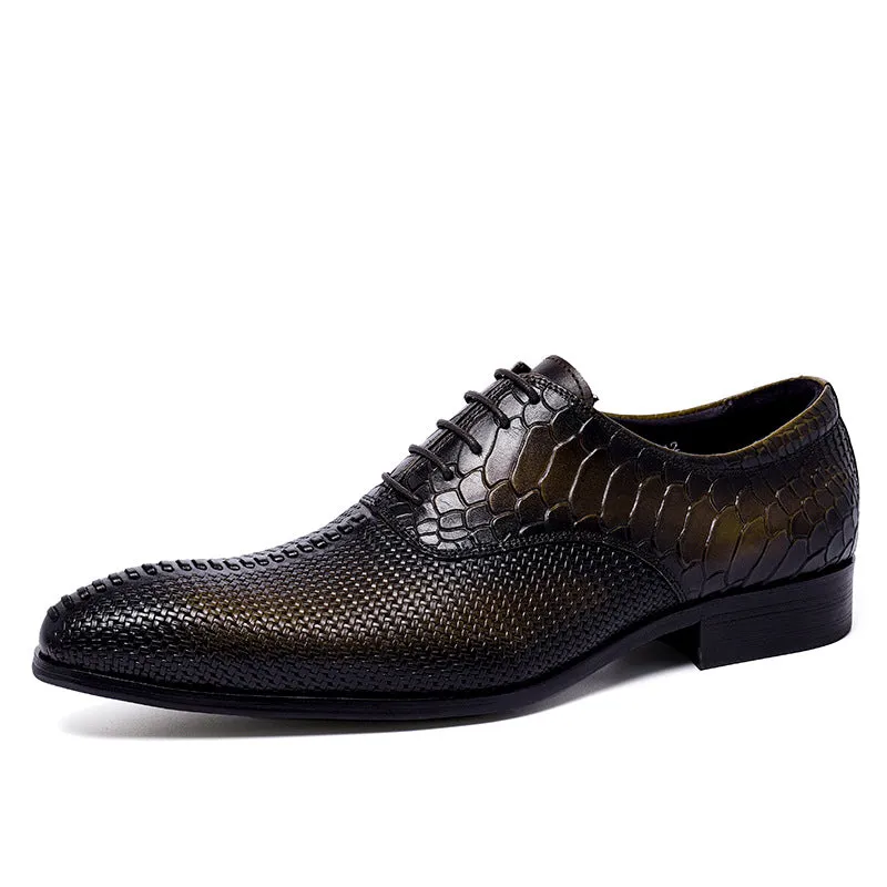2025 Business leather shoes men's carved pointed Oxford British lace-up wedding dress retro leather shoes embossed snake leather shoes