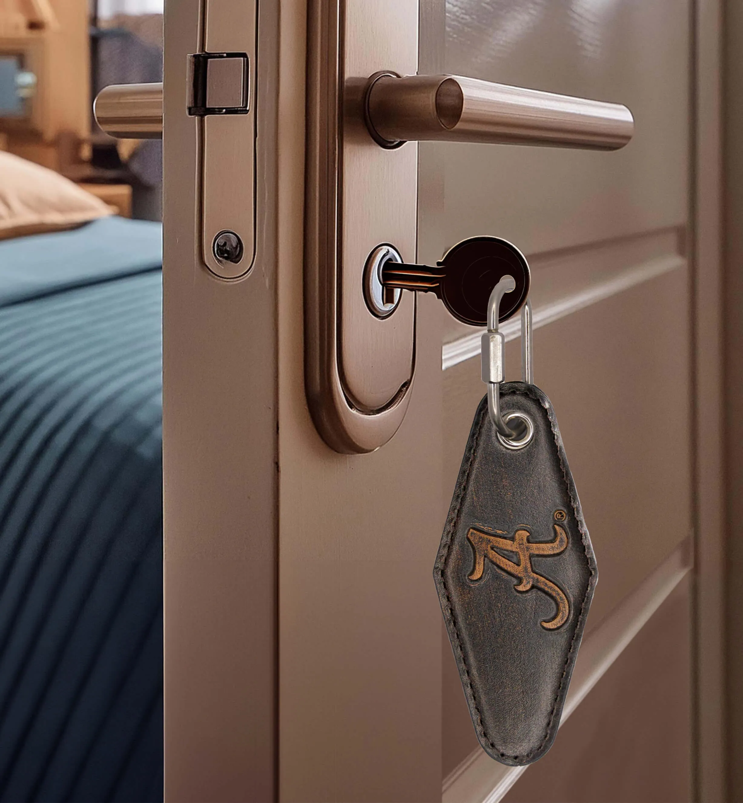 Alabama Crimson Tide Collegiate Vintage Full Grain Leather Key Fob. Brown Burnished and Tan Embossed Key Ring.