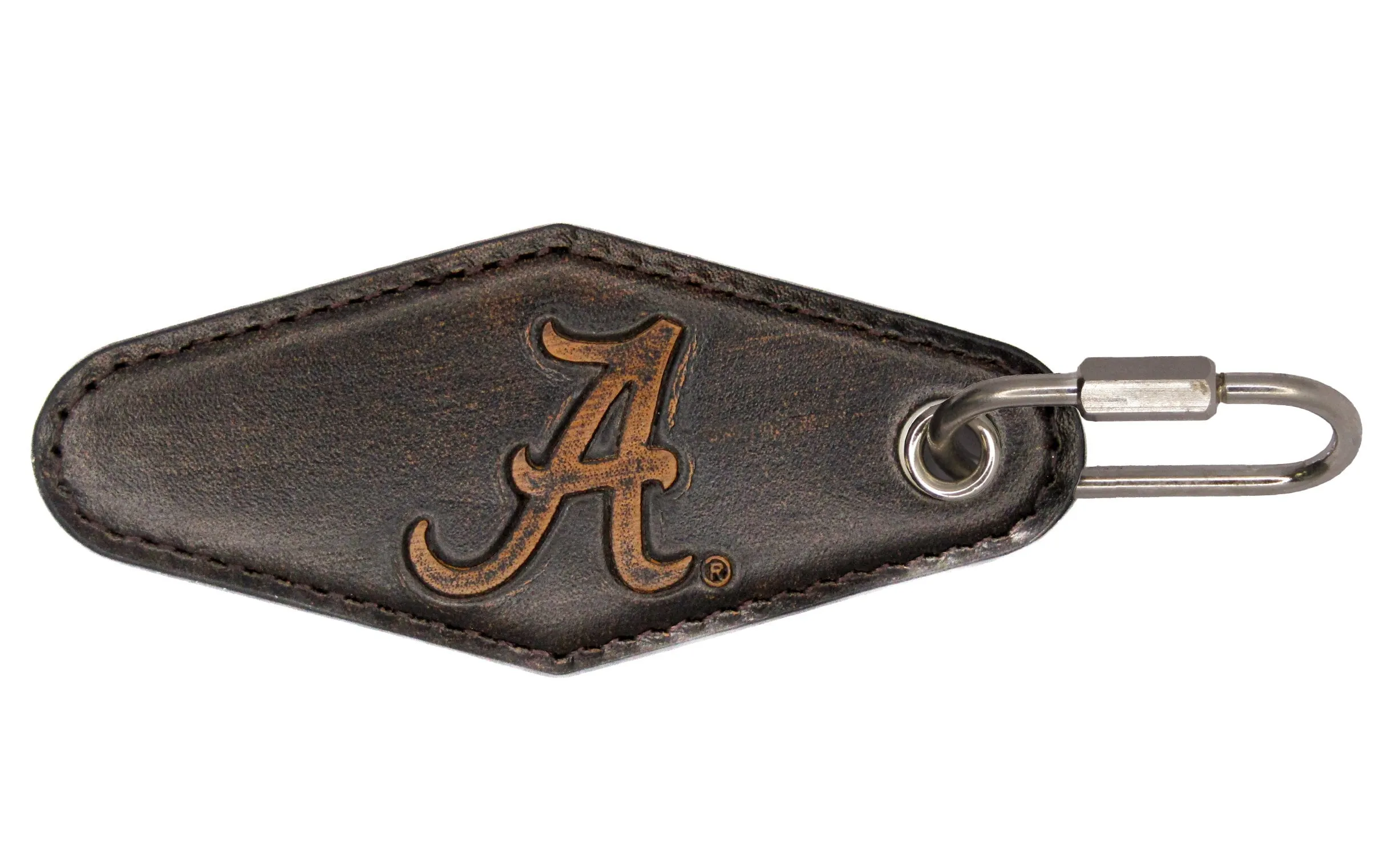 Alabama Crimson Tide Collegiate Vintage Full Grain Leather Key Fob. Brown Burnished and Tan Embossed Key Ring.