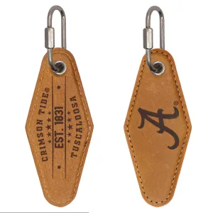 Alabama Crimson Tide Collegiate Vintage Full Grain Leather Key Fob. Brown Burnished and Tan Embossed Key Ring.