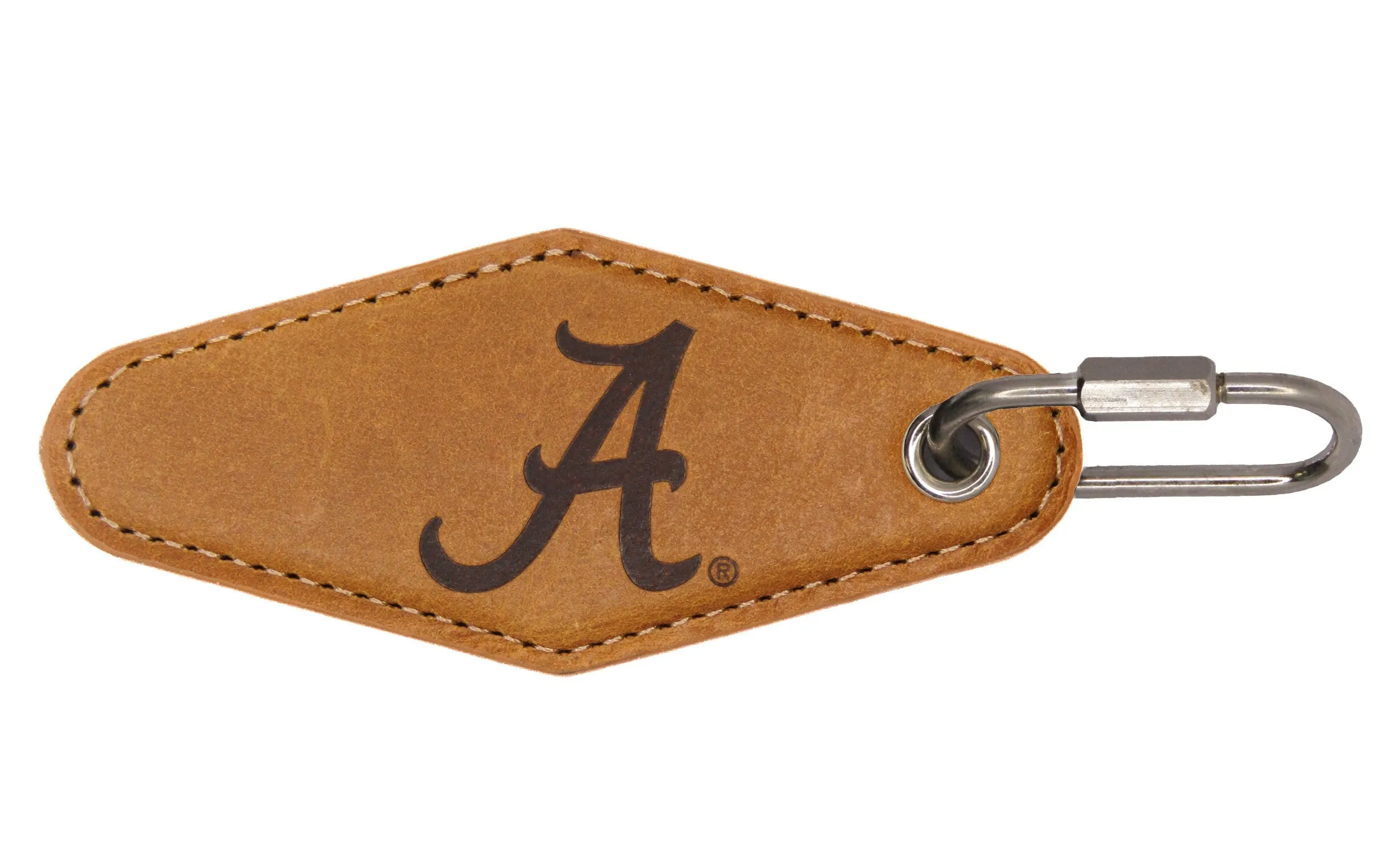 Alabama Crimson Tide Collegiate Vintage Full Grain Leather Key Fob. Brown Burnished and Tan Embossed Key Ring.