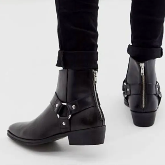 ASOS DESIGN Men’s Cuban Heel Black Leather Harness Boots 10 / EU 43 / UK 9