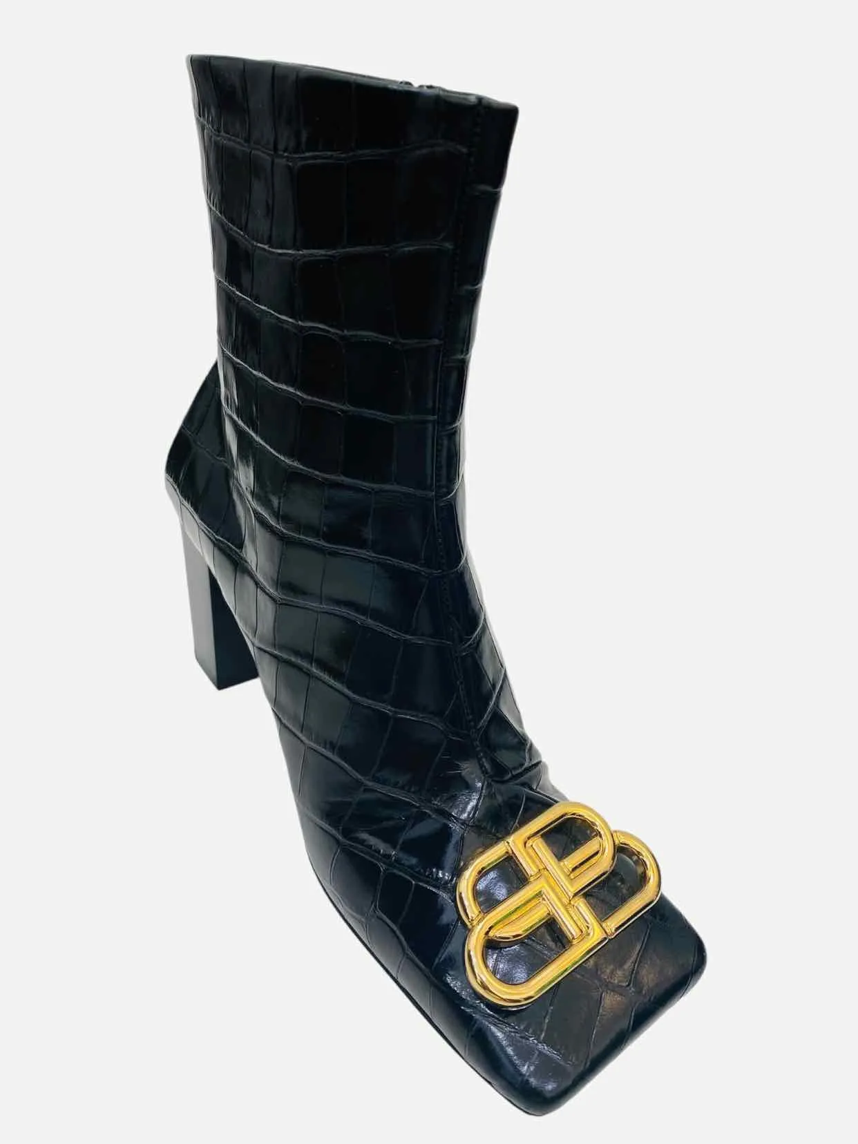 BALENCIAGA BB Double Black Croc Embossed Ankle Boots 35