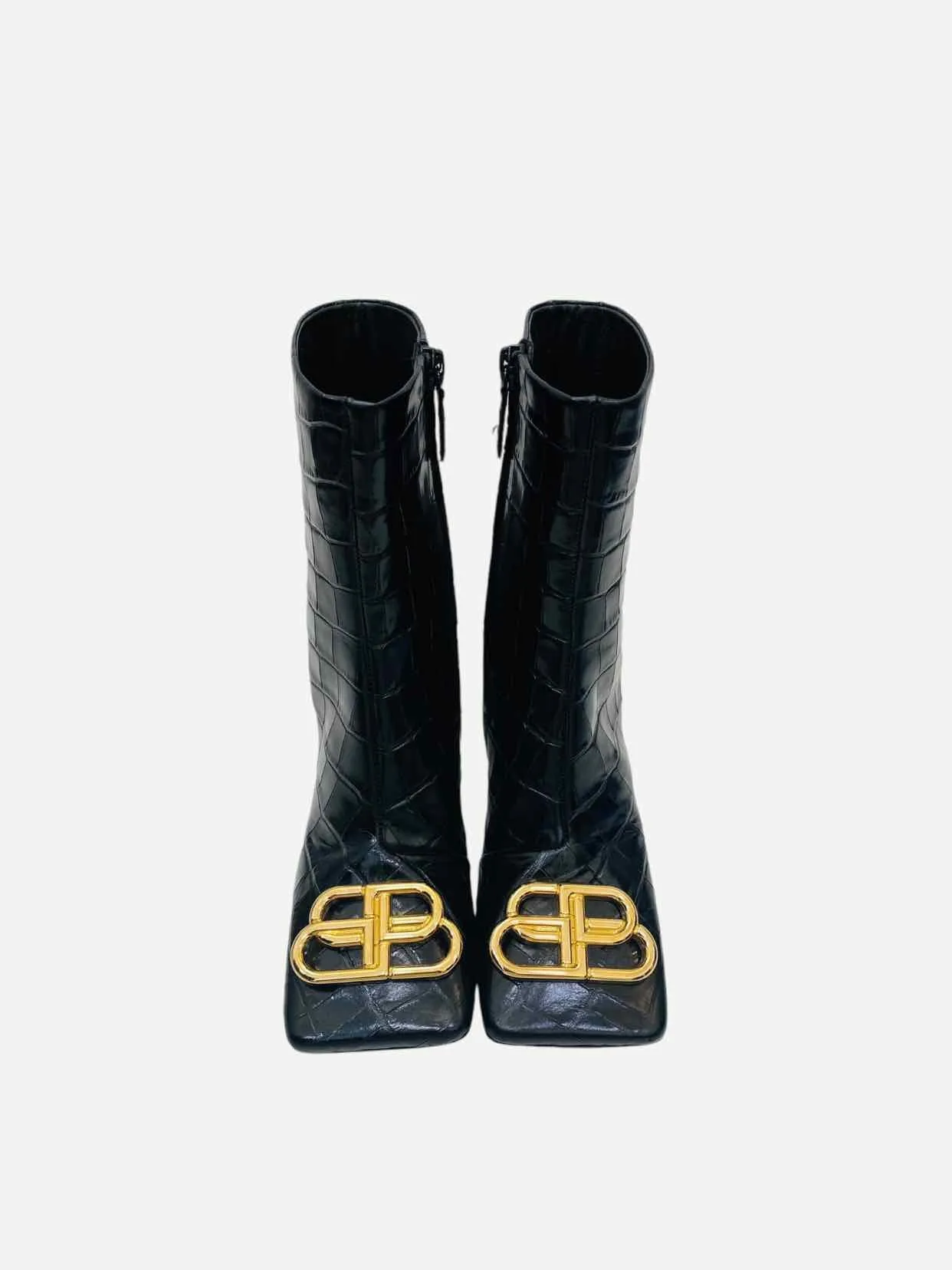 BALENCIAGA BB Double Black Croc Embossed Ankle Boots 35