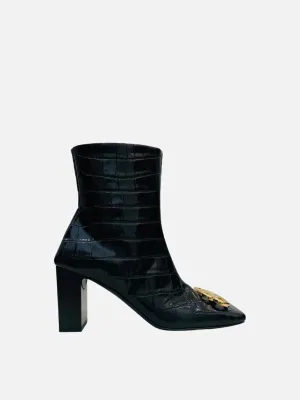 BALENCIAGA BB Double Black Croc Embossed Ankle Boots 35