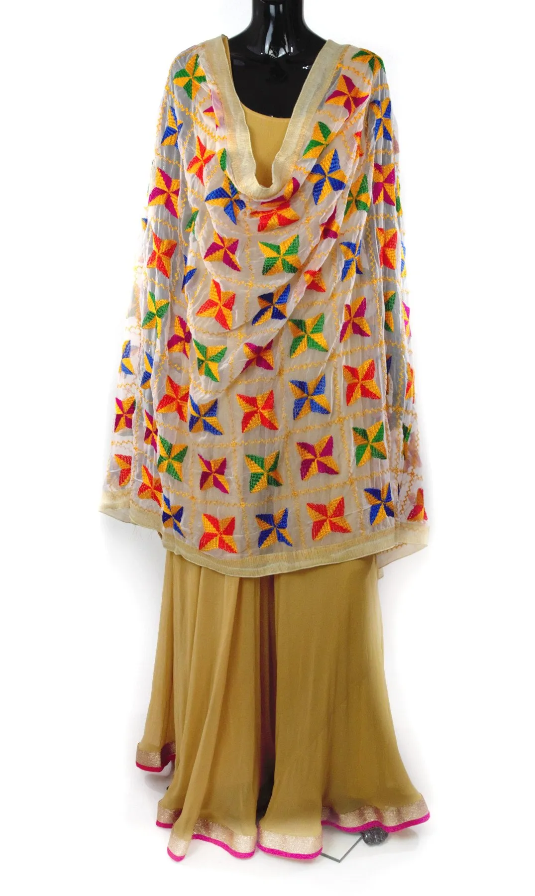 Beige Base Color Phulkari Dupatta Multi-Color Embroidery