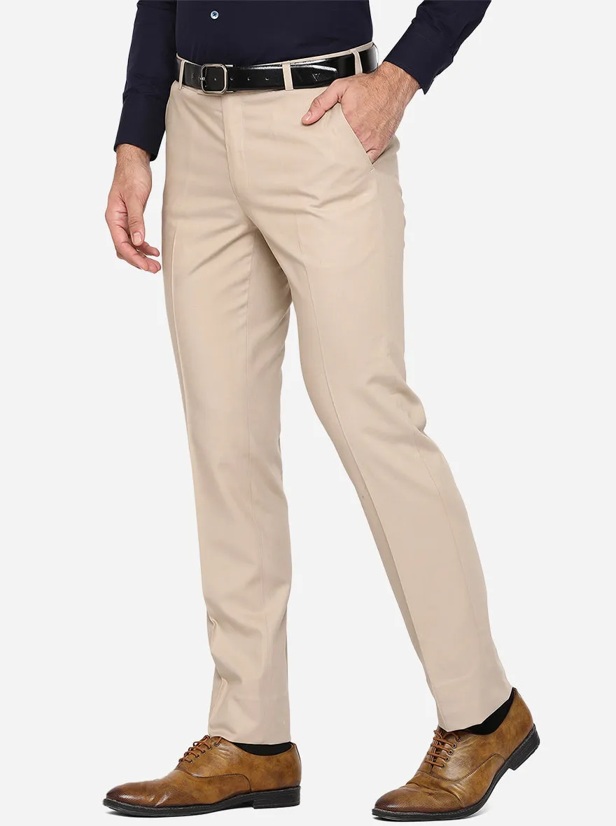 Beige Solid Slim Fit Formal Trouser | Metal