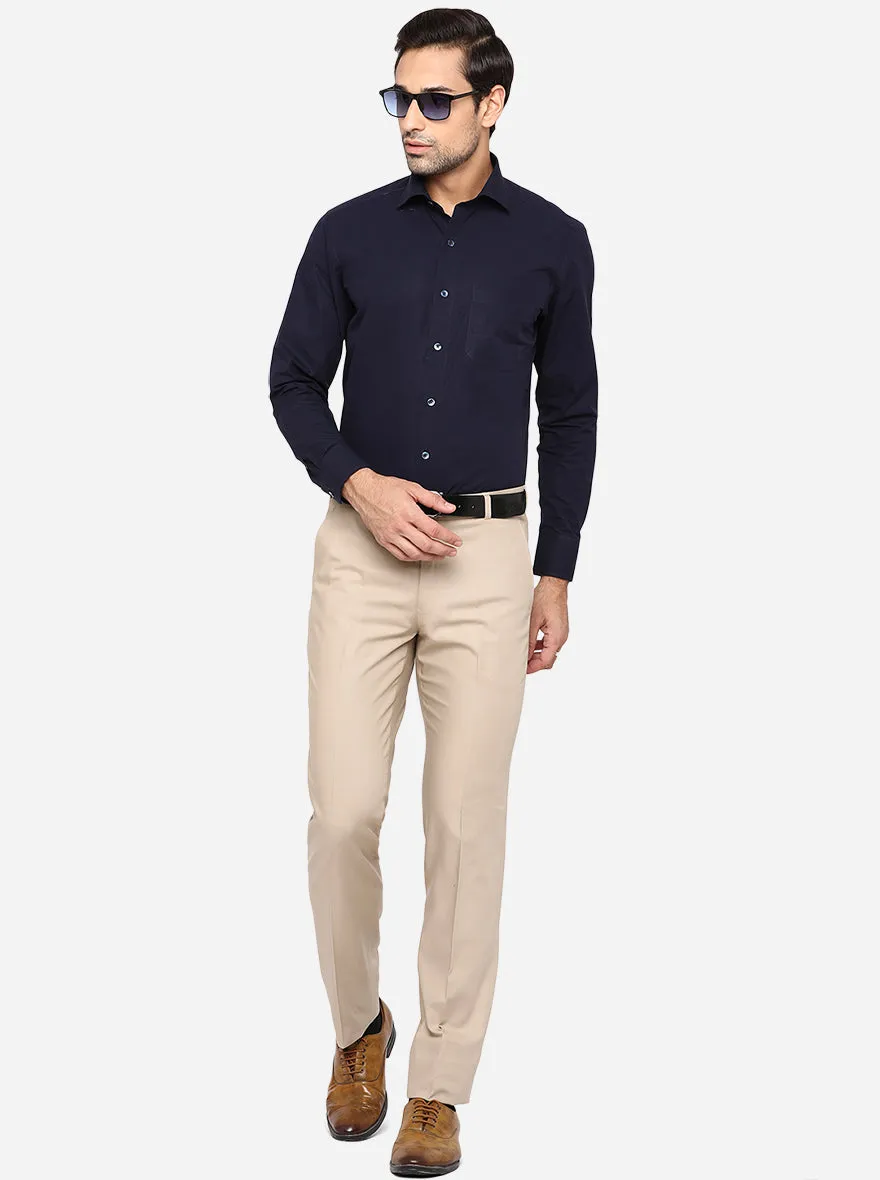 Beige Solid Slim Fit Formal Trouser | Metal