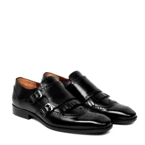 Black Medallion Toe Wingtip Punching with Fringes Double Monk Strap Formals by Brune & Bareskin
