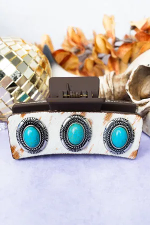 Brown Cowhide Turquoise Hair Claw
