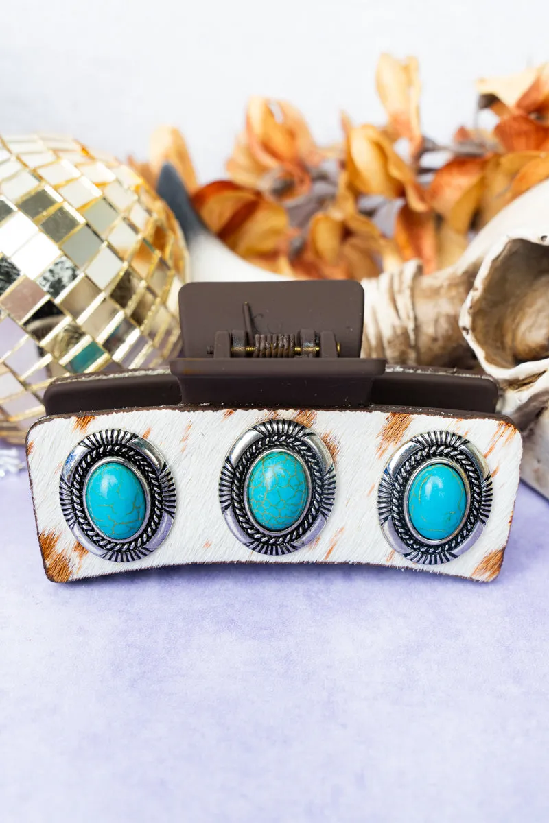 Brown Cowhide Turquoise Hair Claw