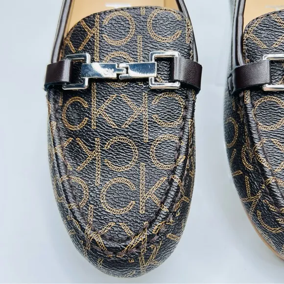 Calvin Klein Leanna Brown Logo Print Vegan Leather Metal Bit Slip On Loafer Shoe