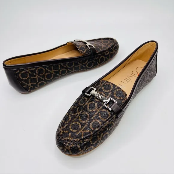 Calvin Klein Leanna Brown Logo Print Vegan Leather Metal Bit Slip On Loafer Shoe