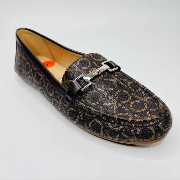 Calvin Klein Leanna Brown Logo Print Vegan Leather Metal Bit Slip On Loafer Shoe