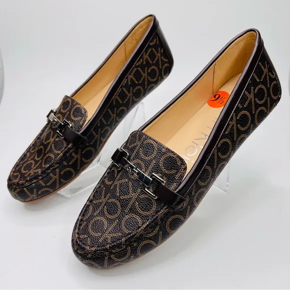 Calvin Klein Leanna Brown Logo Print Vegan Leather Metal Bit Slip On Loafer Shoe