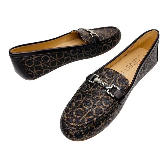 Calvin Klein Leanna Brown Logo Print Vegan Leather Metal Bit Slip On Loafer Shoe