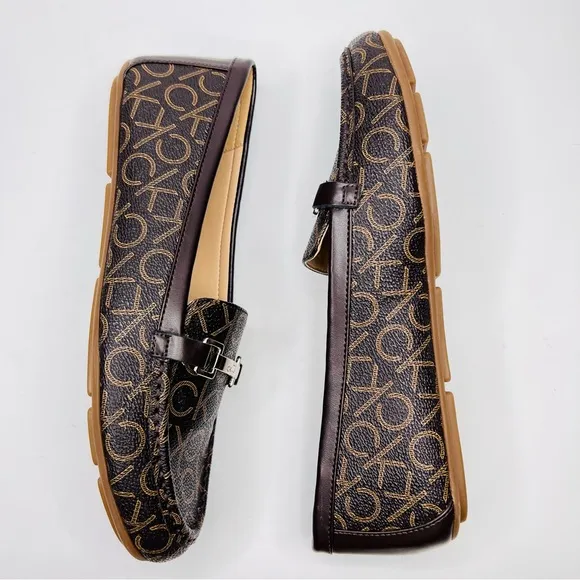 Calvin Klein Leanna Brown Logo Print Vegan Leather Metal Bit Slip On Loafer Shoe