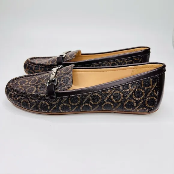 Calvin Klein Leanna Brown Logo Print Vegan Leather Metal Bit Slip On Loafer Shoe