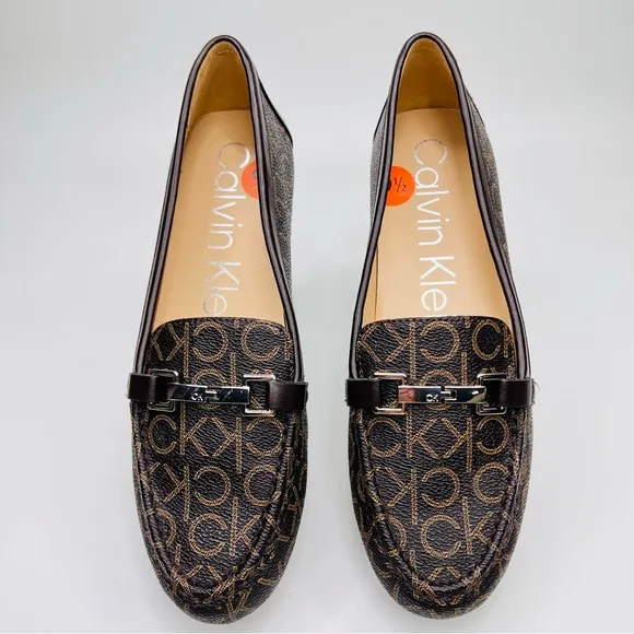 Calvin Klein Leanna Brown Logo Print Vegan Leather Metal Bit Slip On Loafer Shoe