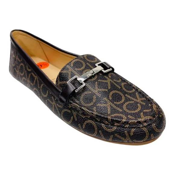 Calvin Klein Leanna Brown Logo Print Vegan Leather Metal Bit Slip On Loafer Shoe