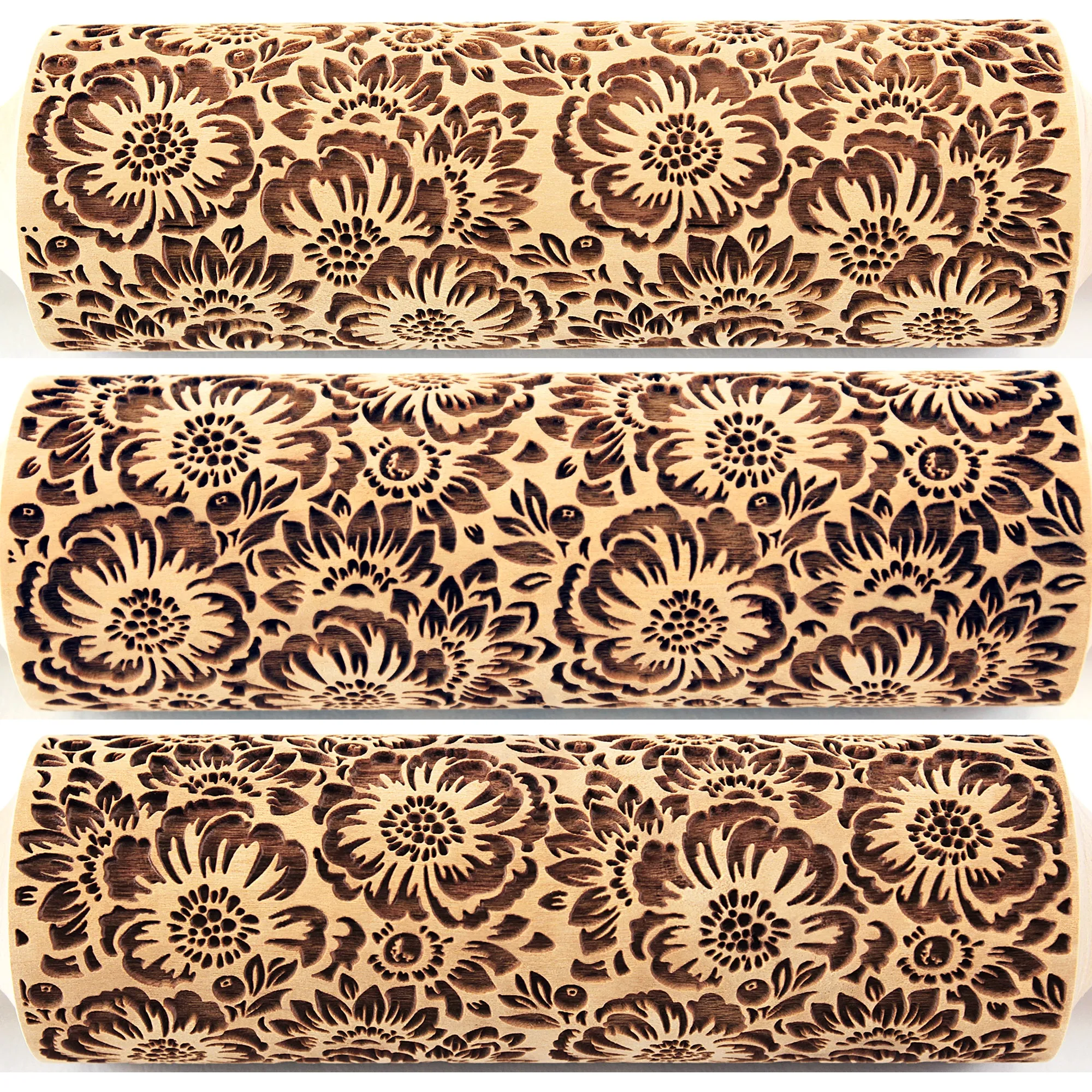 Camelia Rolling Pin Embossed Flowers Textured Cookies Shortbread Christmas Gift Clay Roller Pottery Stamp