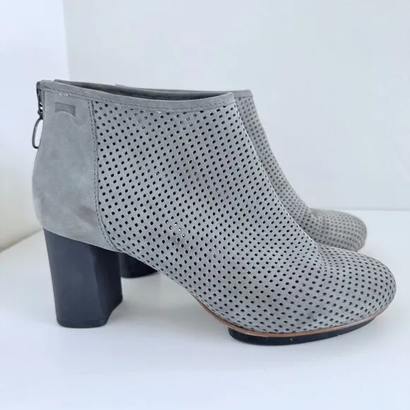 Camper Women's Myriam Perforated Nubuck Leather Ankle Boots in Gray Size 6