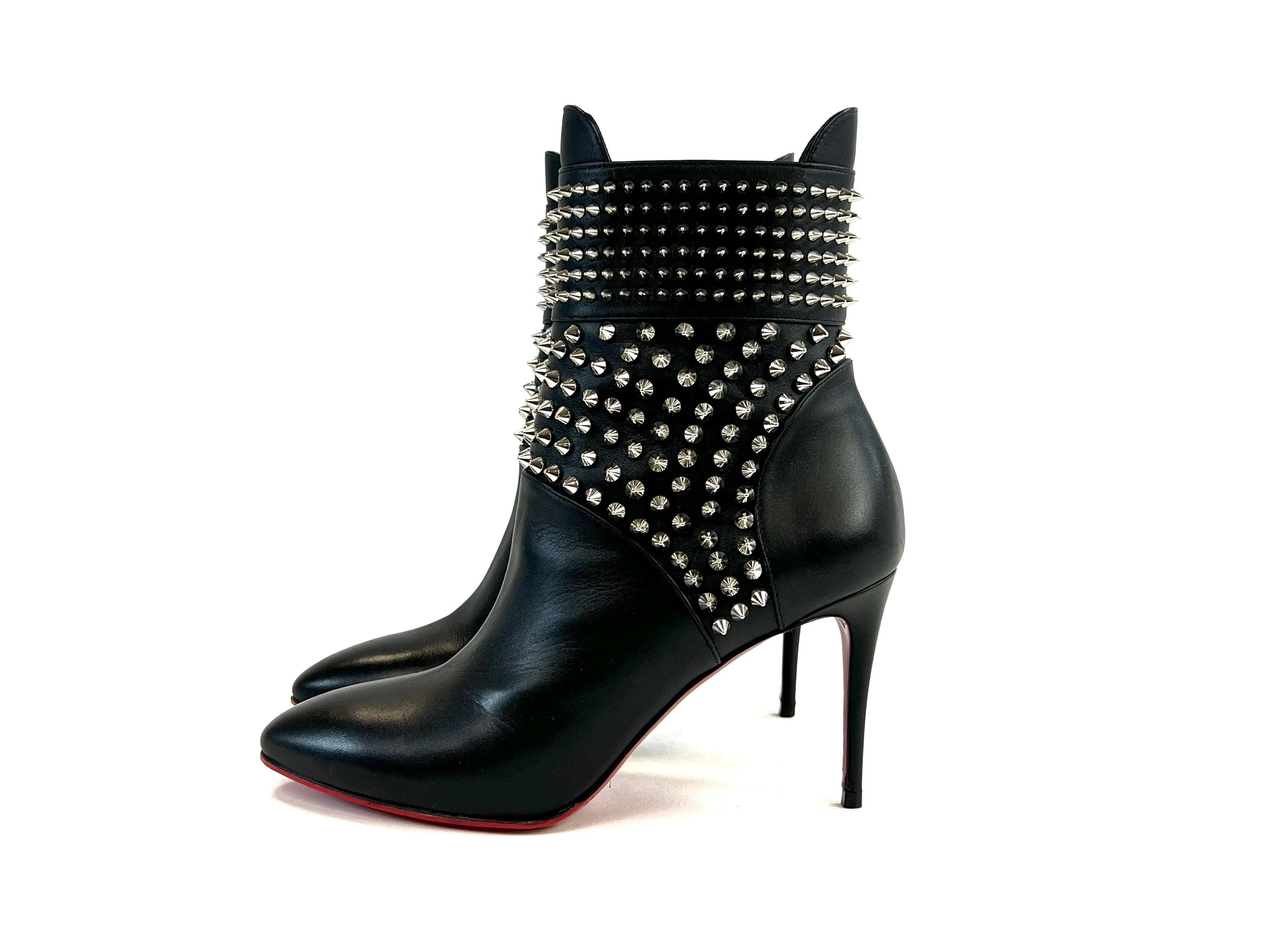 Christian Louboutin Black Leather Silver Studded Point Toe Stiletto Boots Size 37