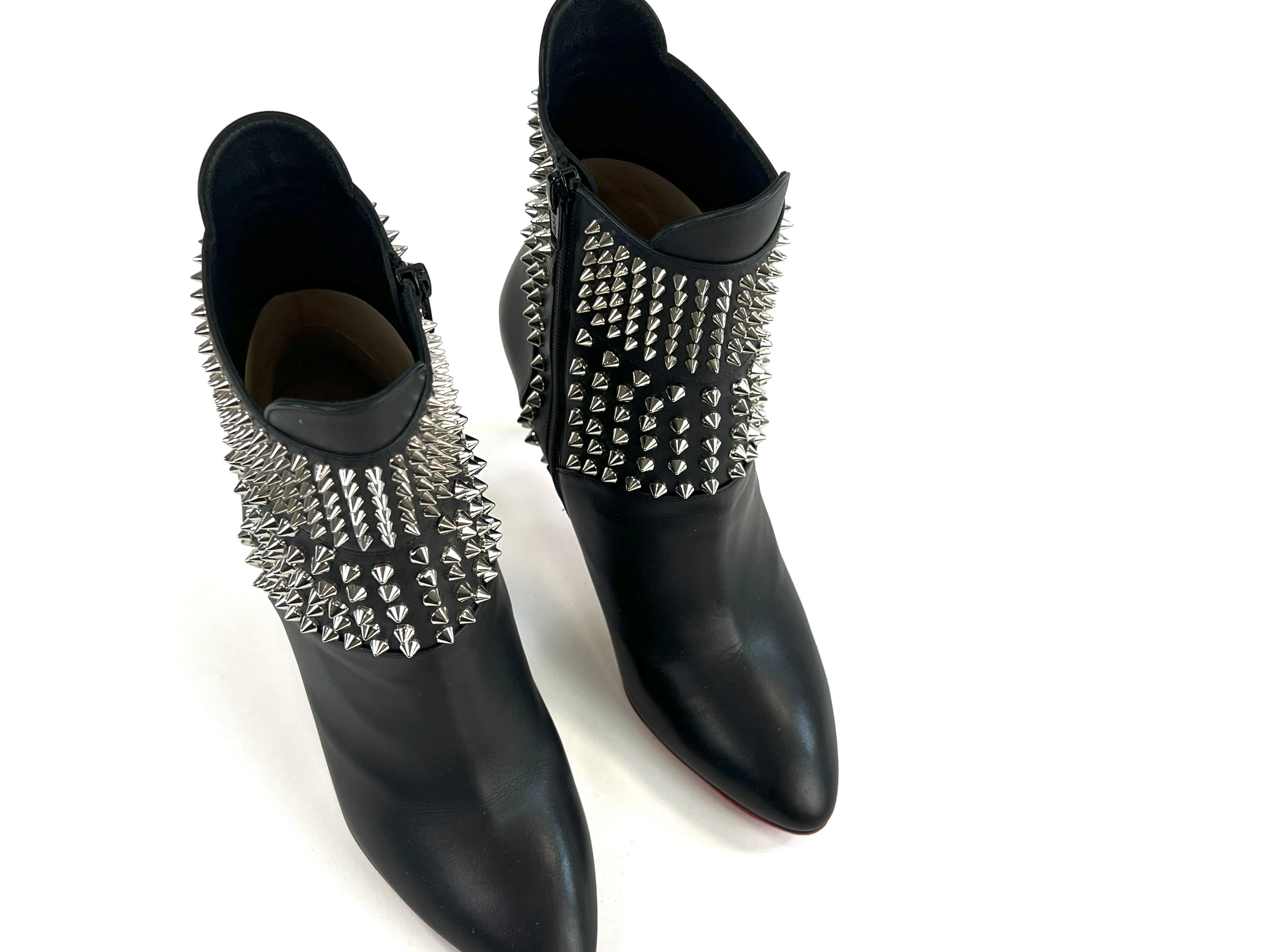 Christian Louboutin Black Leather Silver Studded Point Toe Stiletto Boots Size 37