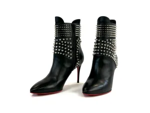 Christian Louboutin Black Leather Silver Studded Point Toe Stiletto Boots Size 37