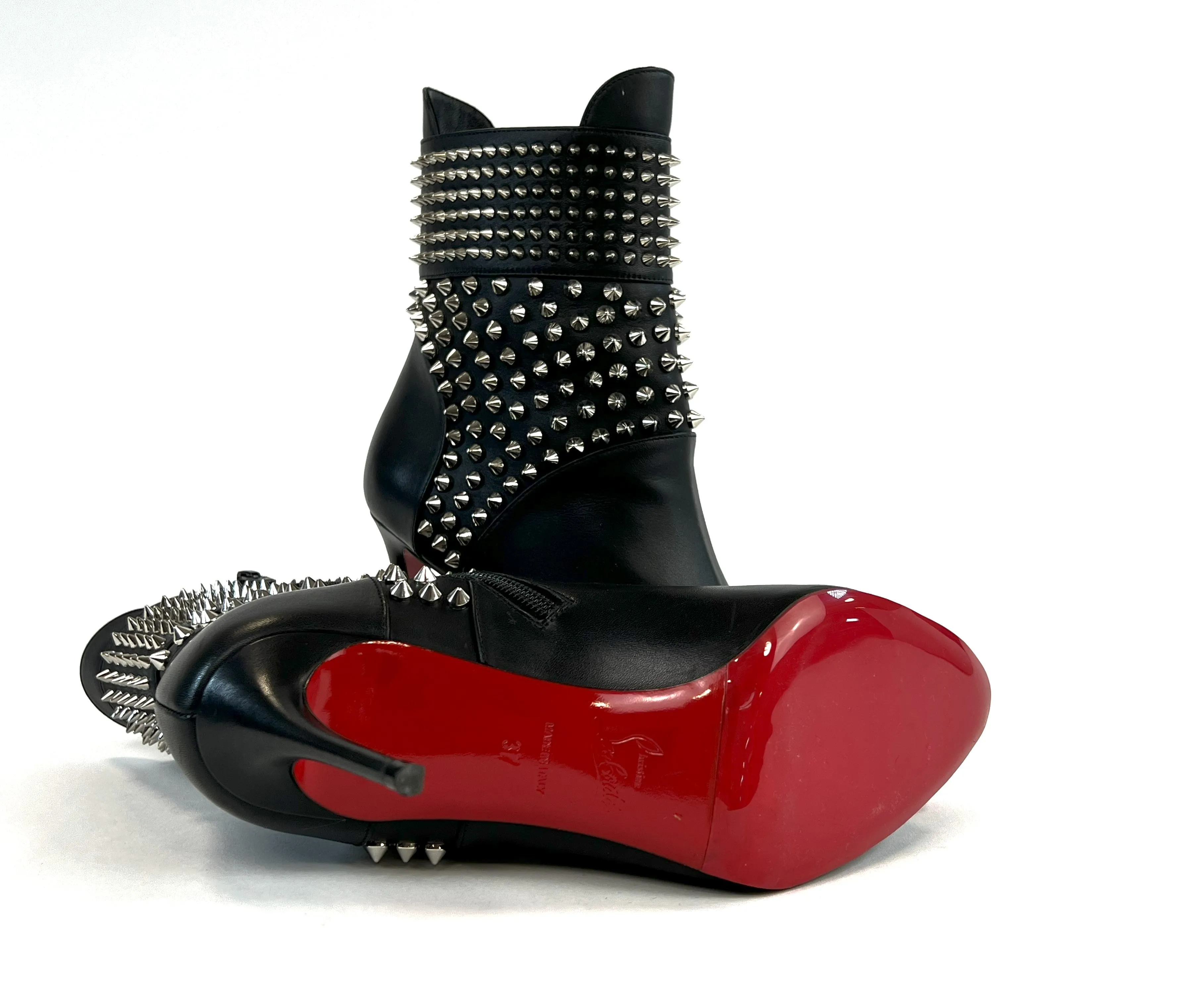Christian Louboutin Black Leather Silver Studded Point Toe Stiletto Boots Size 37