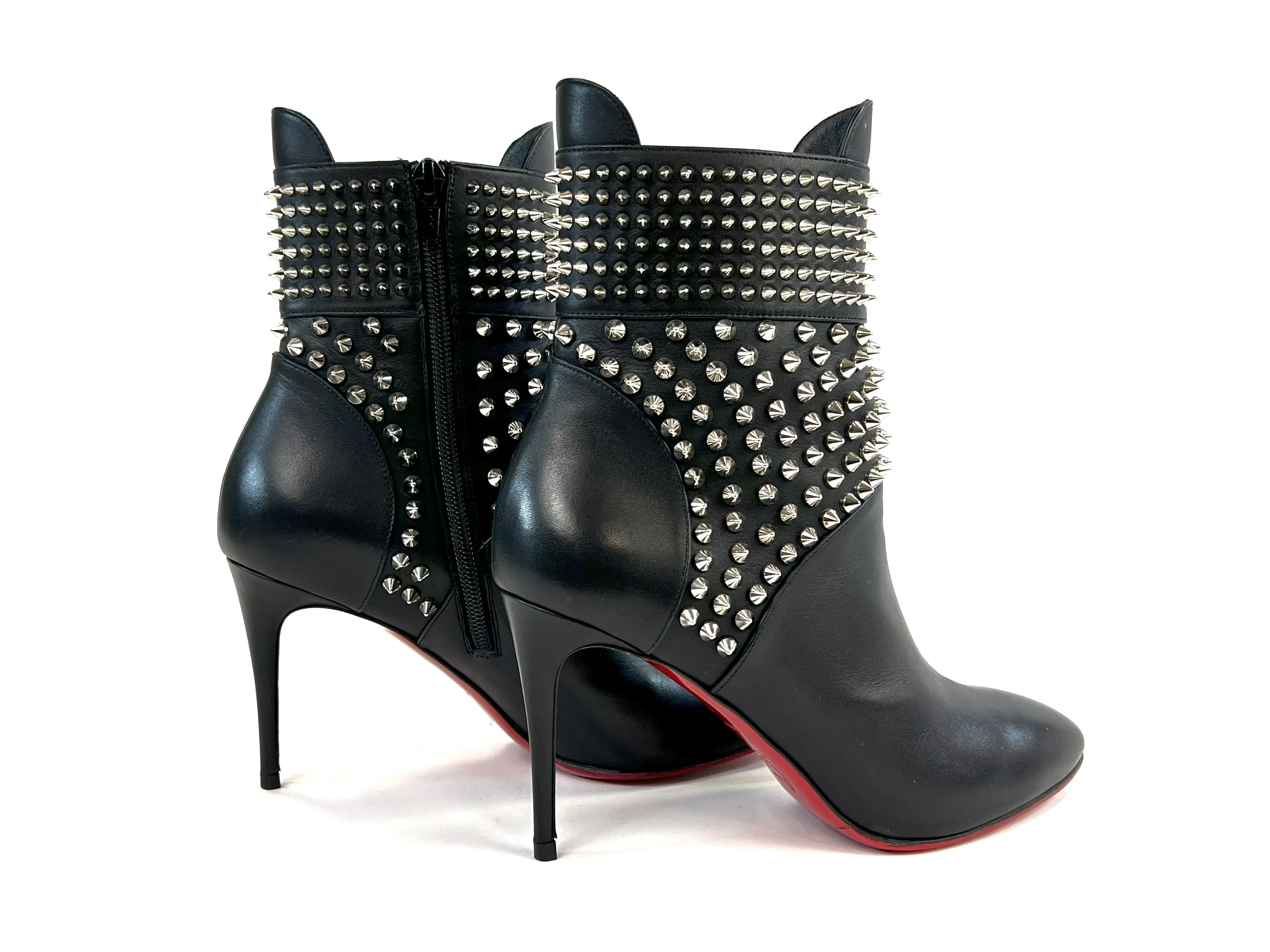 Christian Louboutin Black Leather Silver Studded Point Toe Stiletto Boots Size 37