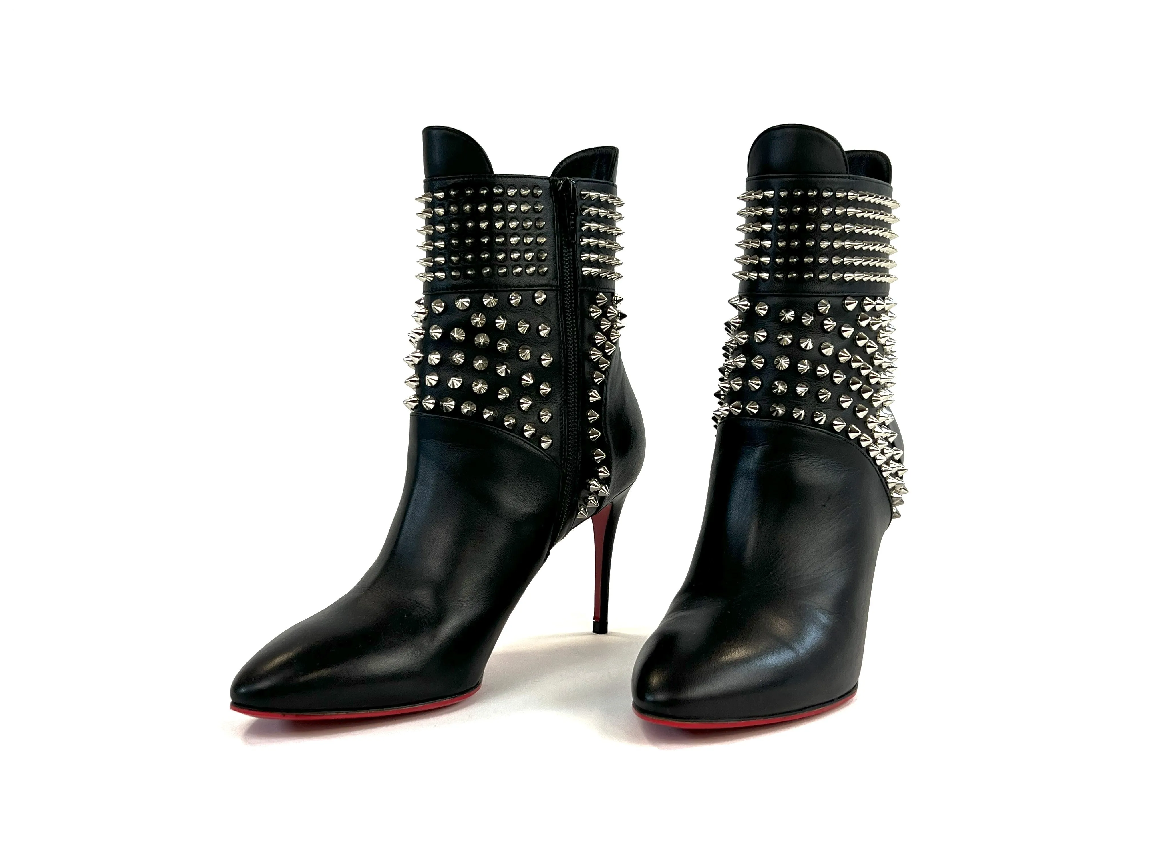 Christian Louboutin Black Leather Silver Studded Point Toe Stiletto Boots Size 37