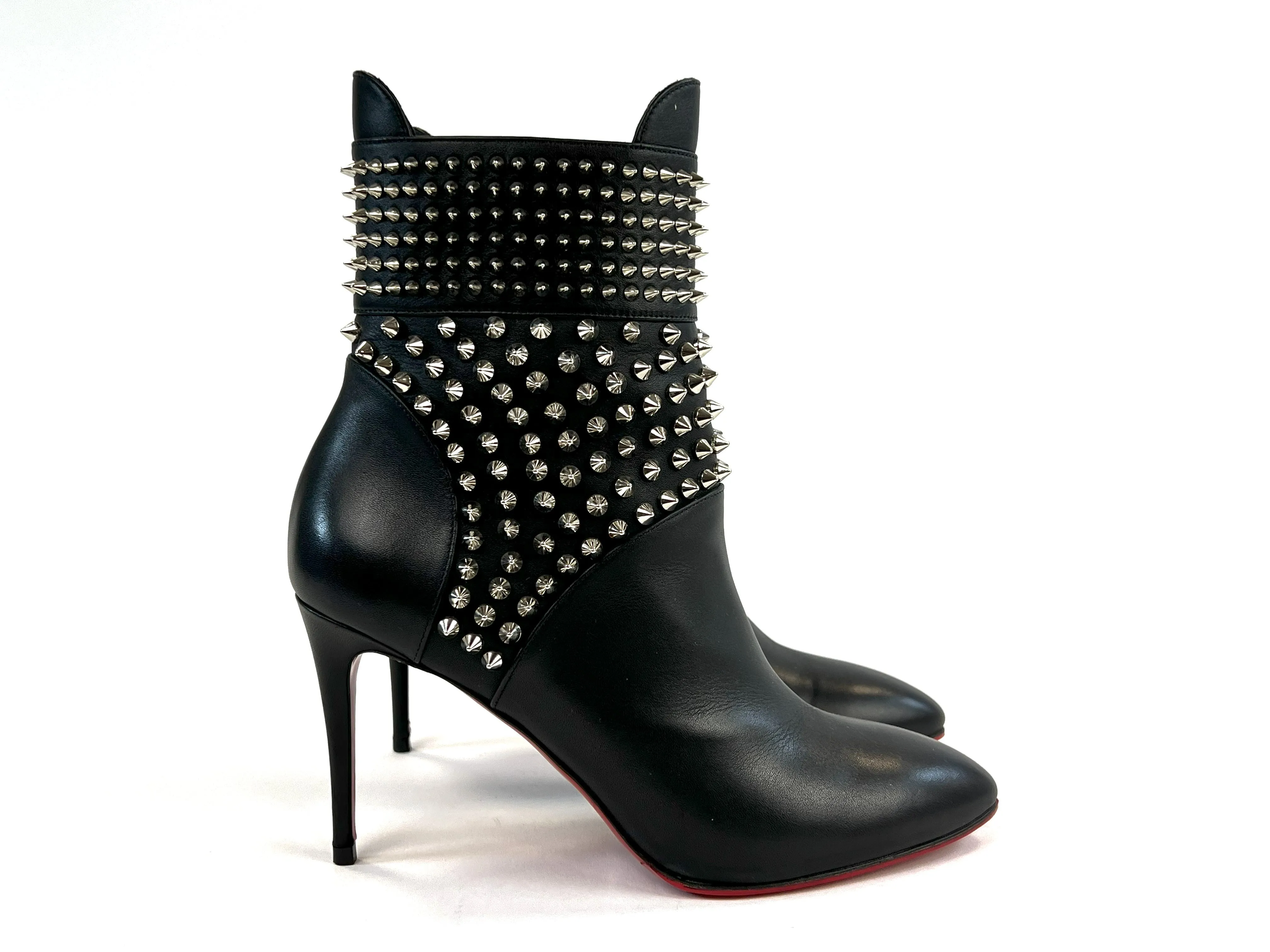 Christian Louboutin Black Leather Silver Studded Point Toe Stiletto Boots Size 37