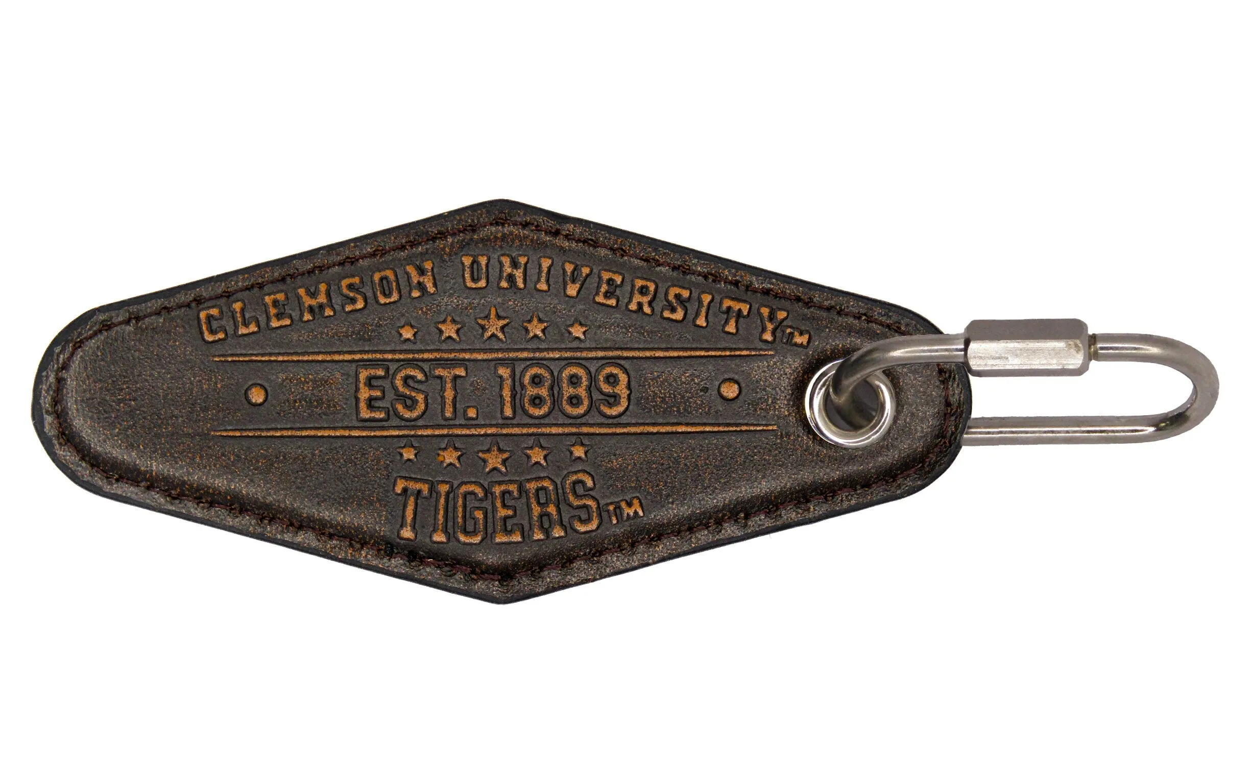 Clemson Tigers Collegiate Vintage Full Grain Leather Key Fob. Brown Burnished and Tan Embossed Key Ring.