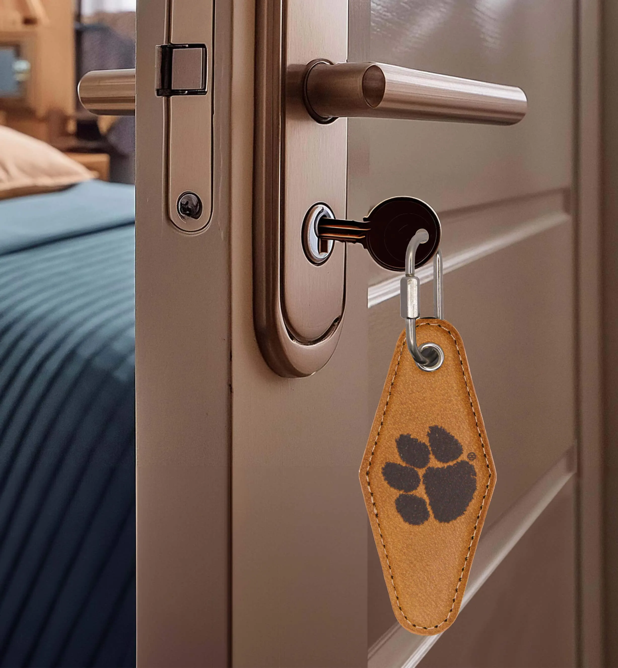 Clemson Tigers Collegiate Vintage Full Grain Leather Key Fob. Brown Burnished and Tan Embossed Key Ring.