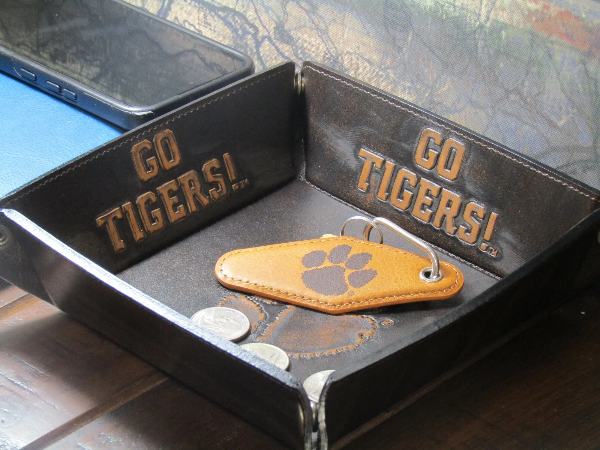 Clemson Tigers Collegiate Vintage Full Grain Leather Key Fob. Brown Burnished and Tan Embossed Key Ring.