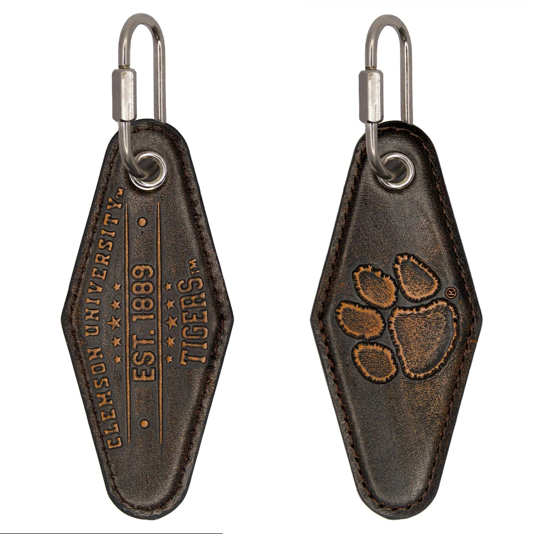 Clemson Tigers Collegiate Vintage Full Grain Leather Key Fob. Brown Burnished and Tan Embossed Key Ring.