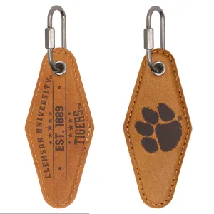 Clemson Tigers Collegiate Vintage Full Grain Leather Key Fob. Brown Burnished and Tan Embossed Key Ring.