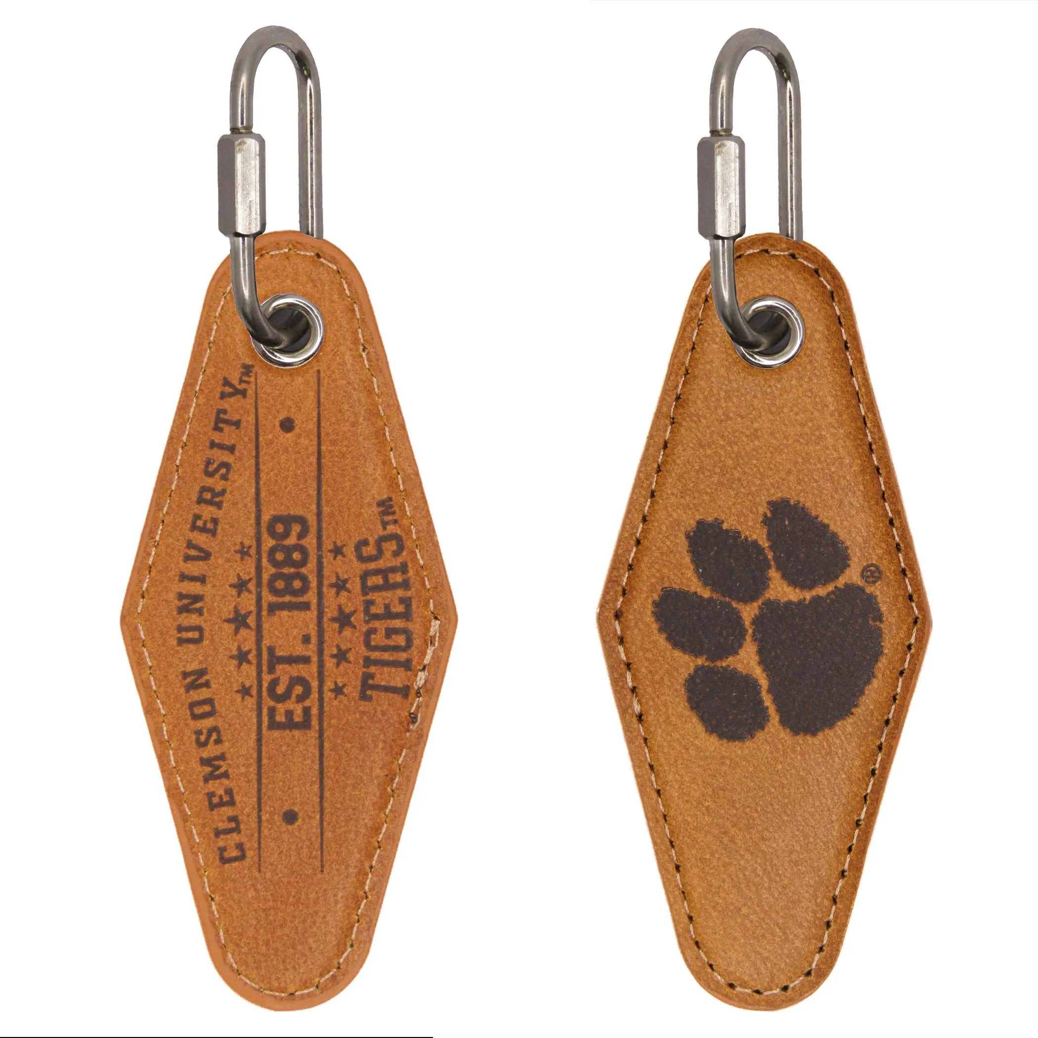 Clemson Tigers Collegiate Vintage Full Grain Leather Key Fob. Brown Burnished and Tan Embossed Key Ring.